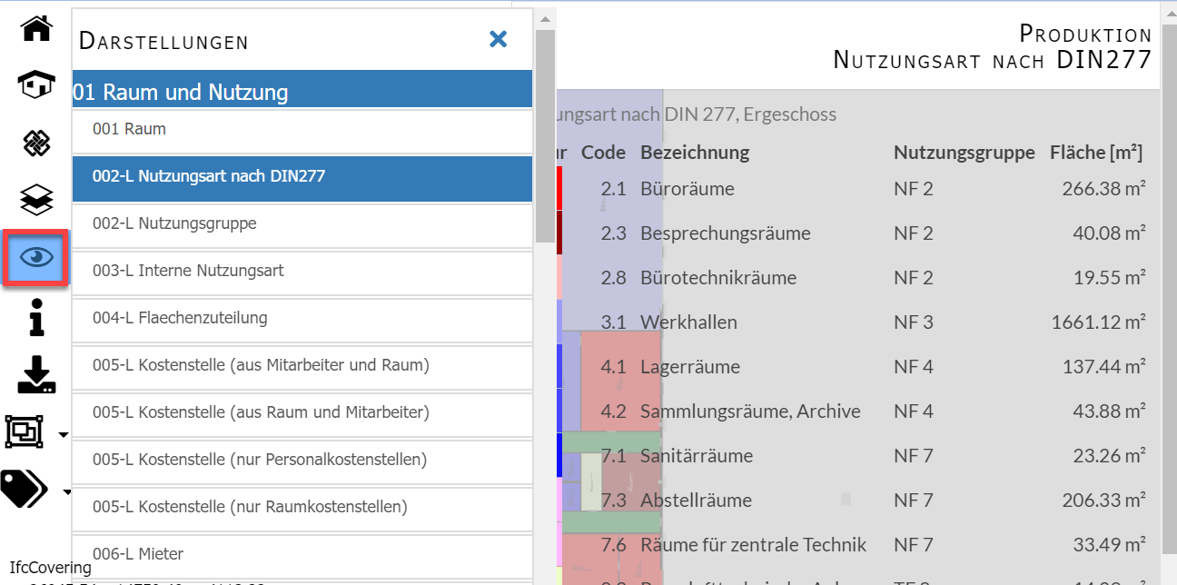 Screenshot aus der Etage im BIM-Explorer mit Auswahl der Darstellung "002-L Nutzungsart nach DIN277". Markierung des Oberflächenelements zur Auswahl der Darstellungen.