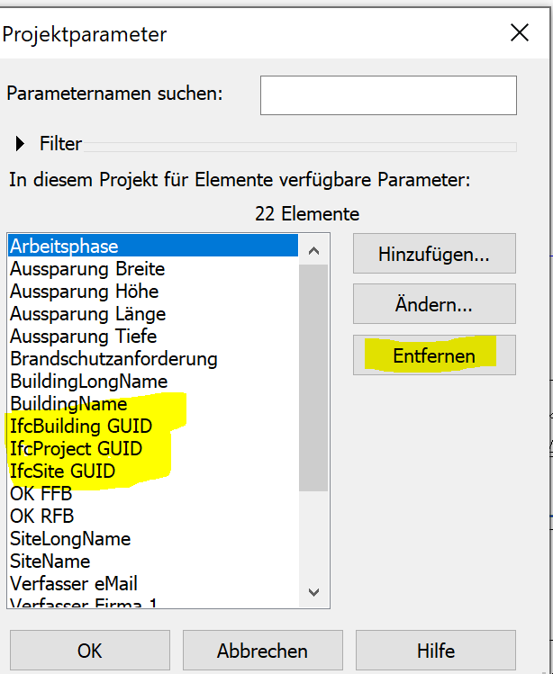 Screenshot aus Revit: Paramater entfernen