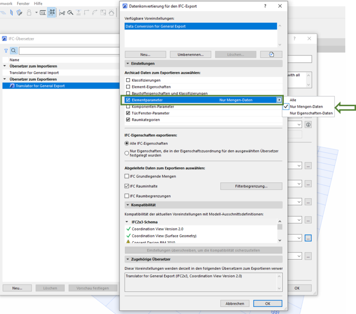 Konfiguration der Basismengen für den IFC-Export in ArchiCAD: Elementparameter, Nur Mengendaten aktivieren