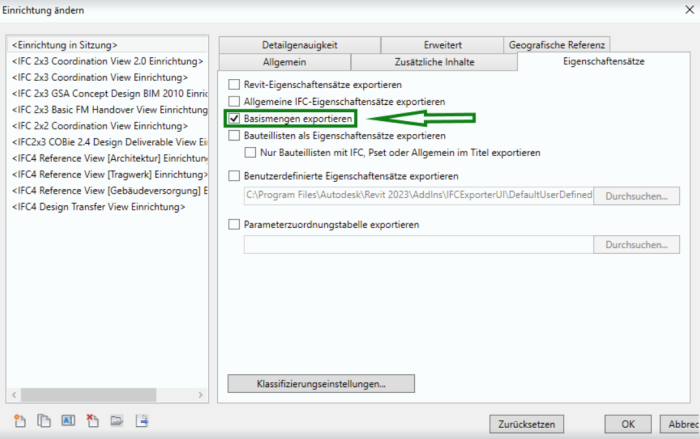 Konfiguration der Basismengen für den IFC.Export in Revit mit gesetztem Haken beim Eintrag Basismenge exportieren