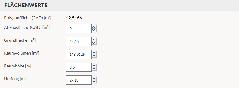 Screenshot des Abschnitts Flächenwerte im FM-Portal