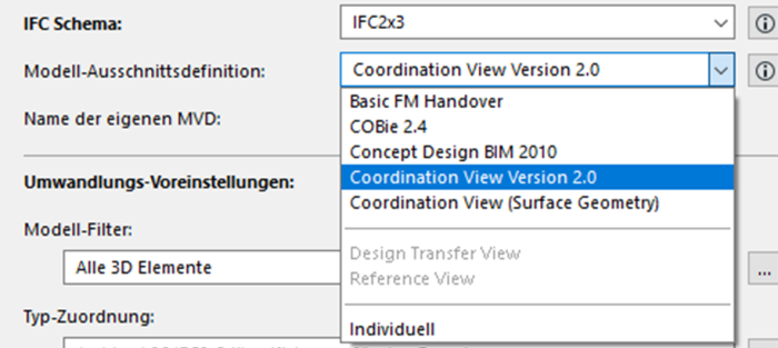 IFC-Einstellungen MVD in ArchiCAD