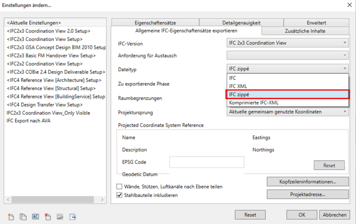 IFC-Einstellung Dateityp in Revit