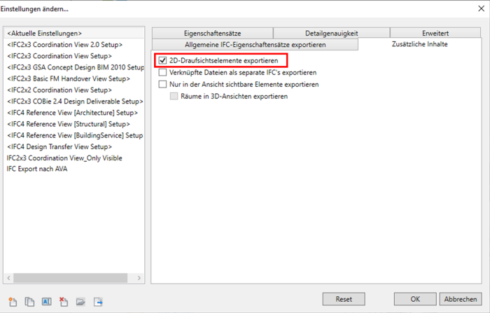 IFC-Einstellungen 2D-Draufsichtselemente exportieren in Revit