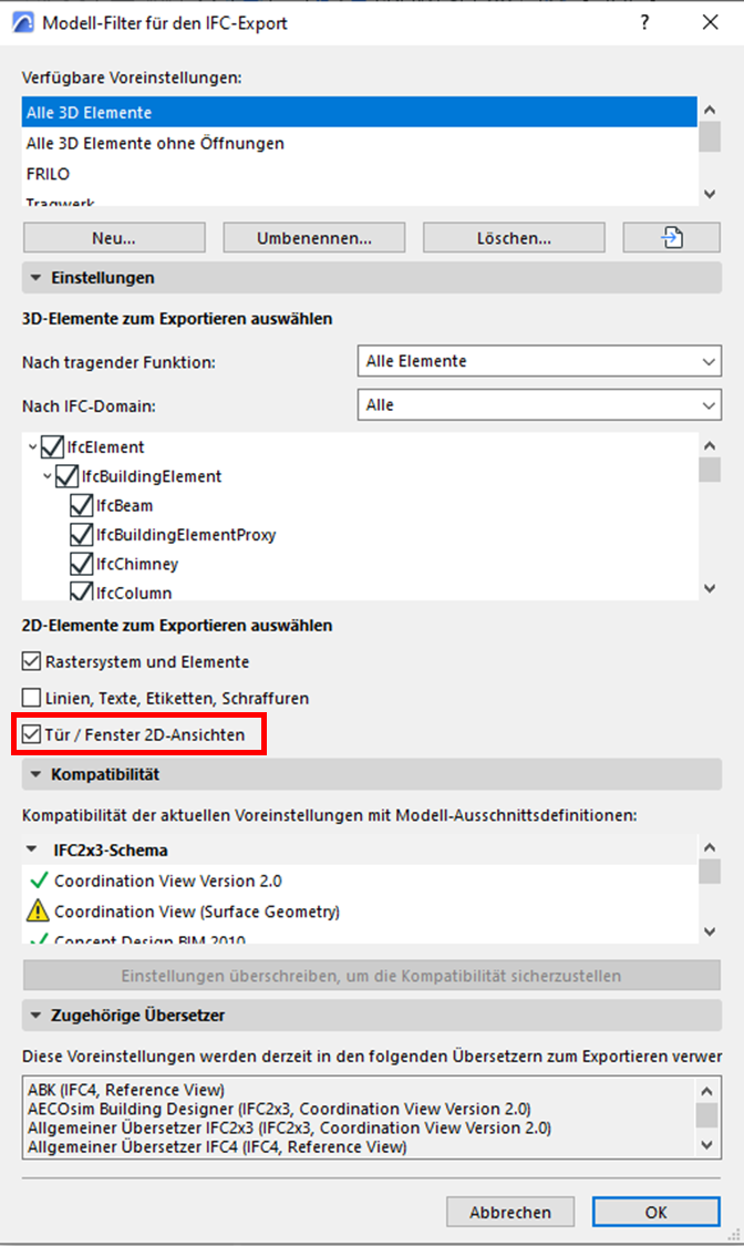 IFC-Einstellungen 2D-Draufsichtselemente exportieren für Türen und Fenster in ArchiCAD