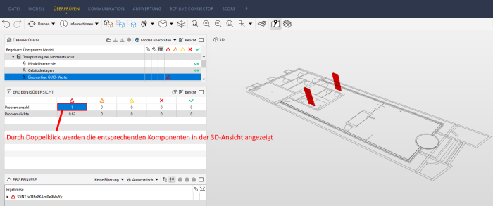 Screenshot Solibri: 3D-Ansicht der Probleme