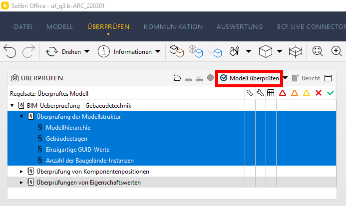 Screenshot: Beispiel zu Regelsatz “Überprüfung der Modellstruktur“