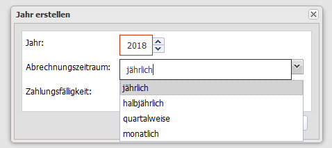 Screenshot der Eingabemaske "Jahr erstellen" mit der geöffneten Auswahl des Abrechnungszeitraums.