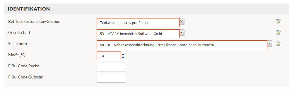 Screenshot der Zuordnung der Betriebskostenarten-Gruppe zum Sachkonto und zur Gesellschaft. Angabe der Mehrwertsteuer.