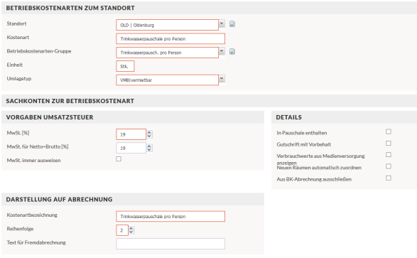 Screenshot des Webforms, in dem die Betriebskostenart zum Standort zugeordnet wird. Beispieldaten entsprechend der Anleitung.