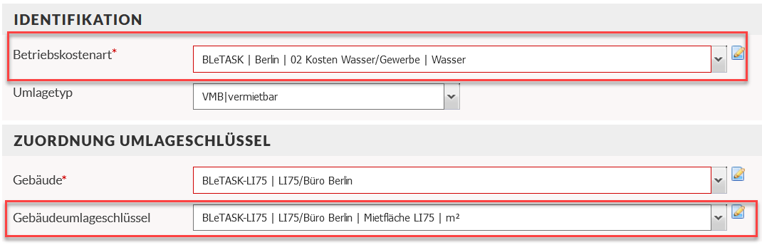 Screenshot Zuordung Betriebskostenart zu Gebäudeumlageschlüssel