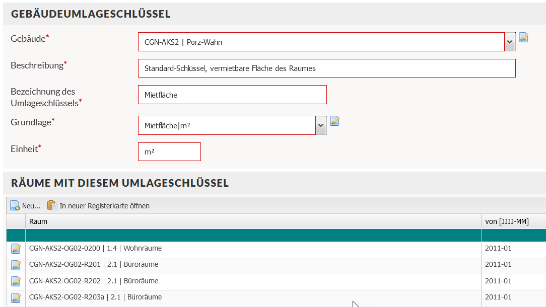 Screenshot Zuordnung Umlageschlüssel zu Räumen