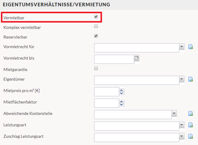 Screenshot des Bereichs "Eigentumsverhältnisse/Vermitung" im Raum. Hervorhebung des Merkmal "Vermietbar".