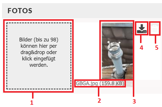 Screenshot des Bereichs zum Foto-Upload mit nummerierter Beschriftung der Oberflächenelemente