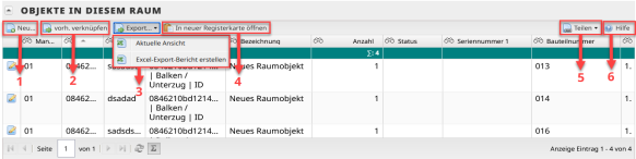 Screenshot eines Listconnects mit nummerierter Markierung der einzelnen Elemente