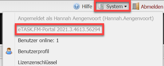 Screenshot Aufruf der Versionsnummer