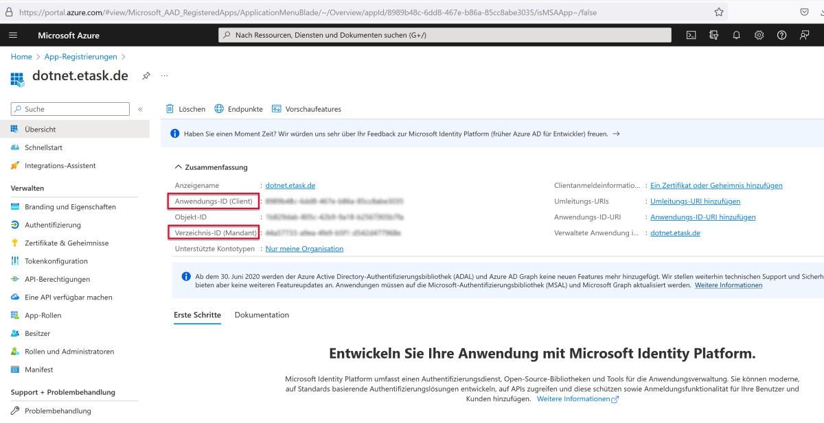 Übersicht der App-Registrierungen in MS Azure