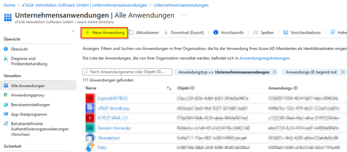 Screenshot aus Microsoft Azure: Neue Anwendung erstellen
