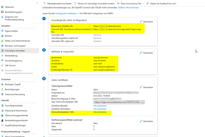 Screenshot aus Microsoft Azure: XML Herunterladen