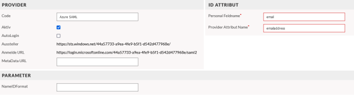 Code: Azure SAML, Aktiv aktivieren, Personal Feldname: email, Provider Attribut Name: emailaddress