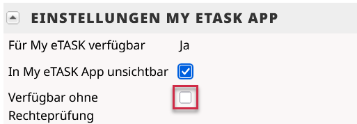 Screenshot aus dem Portal mit einem Haken bei In My eTASK App unsichtbar