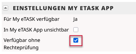 Screenshot aus dem Portal mit gesetztem Haken bei Verfügbar ohne Rechteprüfung