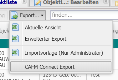 Screenshot des Buttons zum CAFM-Connect Export der Objektliste