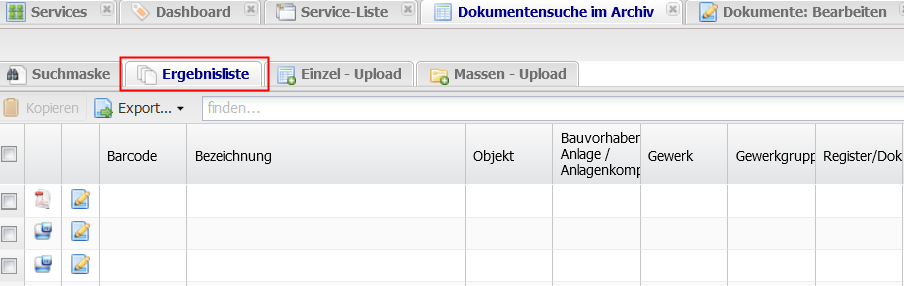 Screenshot der Dokumentensuche im Archiv mit roter Markierung des Tabs Ergebnisliste