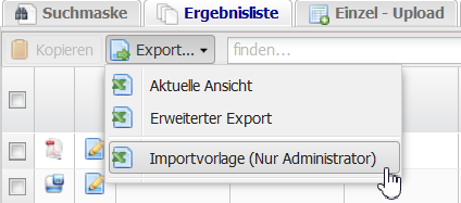 Screenshot der Schaltfläche Export in der Arbeitsleiste und der darunterliegenden Funktionen