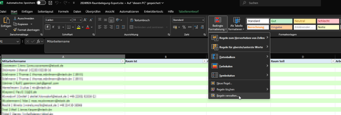 Screenshot aus Microsoft Excel mit aufgeklapptem Reiter Bedingte Formatierug