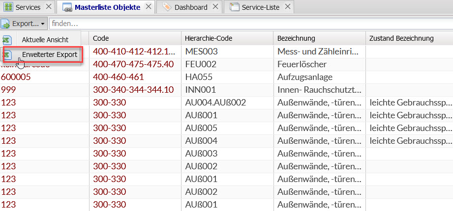 Screenshot der Masterliste Objekte mit aufgeklappter Exportfunktion