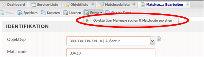 Screenshot der Aktion "Objekte über Merkmale suchen & Matchcode zuordnen"