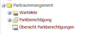 Screenshot der Formulare zum Parkraummanagement im Menü