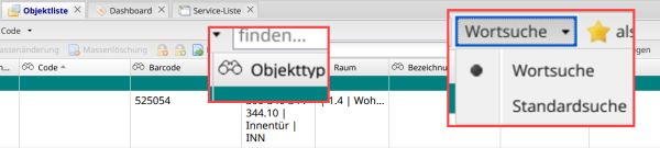 Screenshot mit vergrößerter Darstellung des Symbols für durchsuchbare Spalten und der Auswahl des Suchtyps