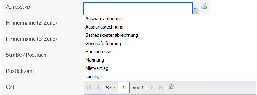 Auswahl Adresstsyp