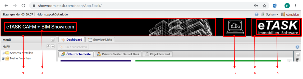 Screenshot des Portalkopfs mit nummerierter Markierung der einzelnen Elemente