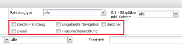 Screenshot der Buchungsparameter in der Fahrzeugbuchung