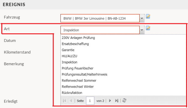 Screenshot der Auswahl der Ereignisart im Forumular des Ereignisses