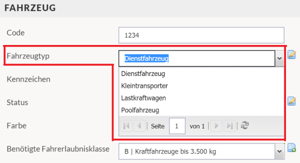Screenshot der Auswahl des Fahrzeugtyps im Formular des Fahrzeugs