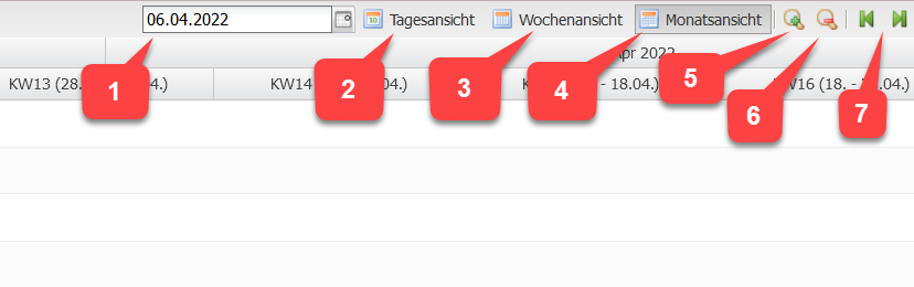 Screenshot des Kalenders für die Fahrzeugbuchung mit Markierung der einzelnen Bedienelemente