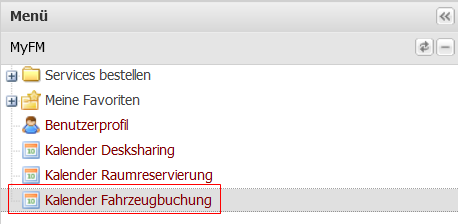 Verlinkung in der Menüstruktur zum Kalender Fahrzeugbuchung mit roter Markierung