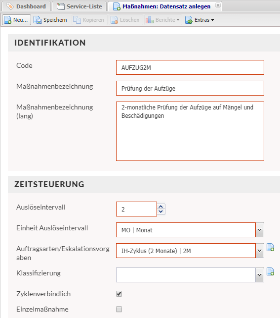 Screenshot des Formulars Maßnahme anlegen mit Beispieldaten
