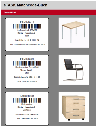 Screenshot des eTASK Matchcode-Buchs mit Beispieldaten