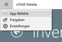 Screenshot der App-Oberfläche mit geöffnetem Menü
