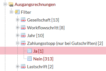 Screenshot des Menüs. Für die Ausgangsrechnungen ist der Filter "Zahlungsstopp (nur bei Gutschriften)" geöffnet. Die Option "Ja" ist ausgewählt.