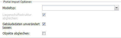 Auswahl Modelltyp. Optionen "Liegenschaftsstruktur" und "Gebäudedaten unverändert lassen" sind aktiviert.