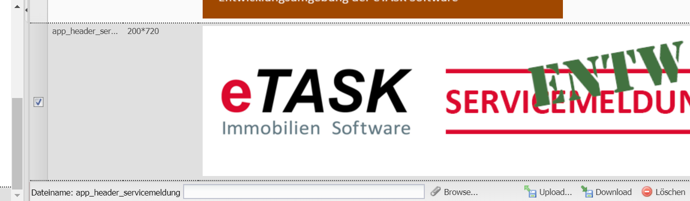 Von links nach rechts: an- und abwählbares Häkchen, Dateiname "app_header_servicemeldung", Angabe der Bildgröße "200*720", Vorschau der Grafik.