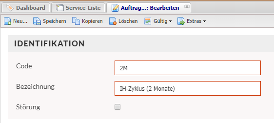 Screenshot des Abschnitts Identifikation, um einen zweimonatlich wiederholten Instandhaltungsauftrage anzulegen