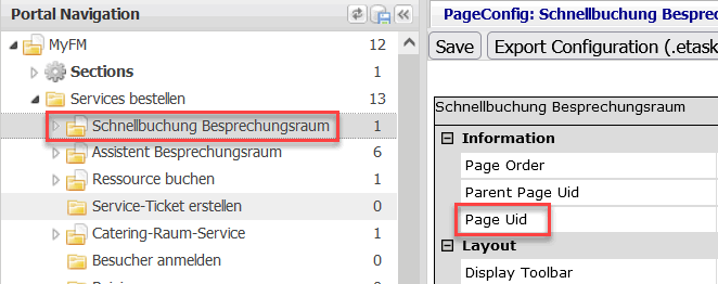 Screenshot des ConfiExplorers mit Roter Markierung der Schnellbuchung Besprechungsraum und der entsprechenden Page Uid