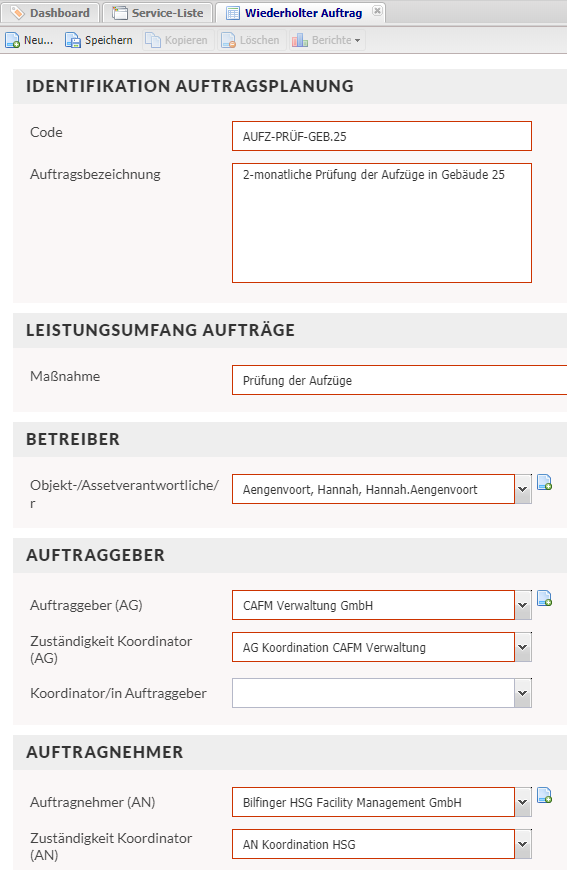 Screehshot des Formulars Wiederholter Auftrag mit Beispieldaten